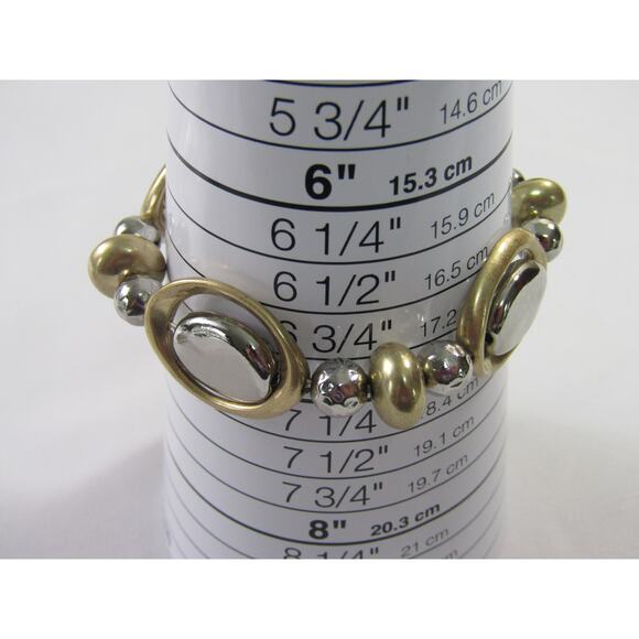 2 Tone Stretch Wrist Bracelet 6 3/4" Minimalist Neutral Oval Bead Disc Station - Picture 3 of 4